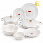 Neorah white dinner set, white background, glossy plates and bowls, covered serving dishes