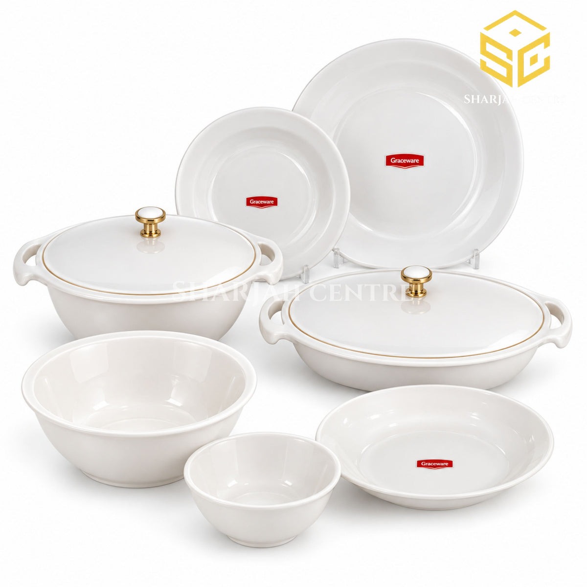Neorah white dinner set, white background, glossy plates and bowls, covered serving dishes