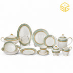 Noritake Japan DS-SH 61-piece white dinner set with aqua-green borders and ornate gold detailing for 8 persons white bg