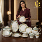 Noritake Japan DS-SH 61-piece white dinner set with aqua-green borders and ornate gold detailing for 8 persons model bg