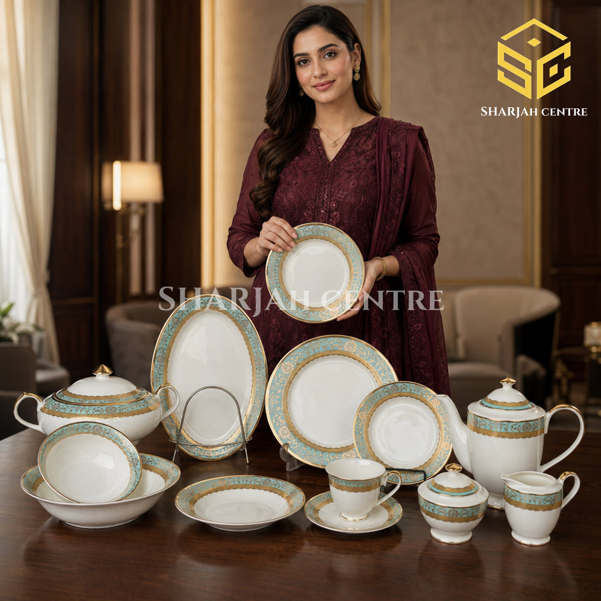 Noritake Japan DS-SH 61-piece white dinner set with aqua-green borders and ornate gold detailing for 8 persons model bg