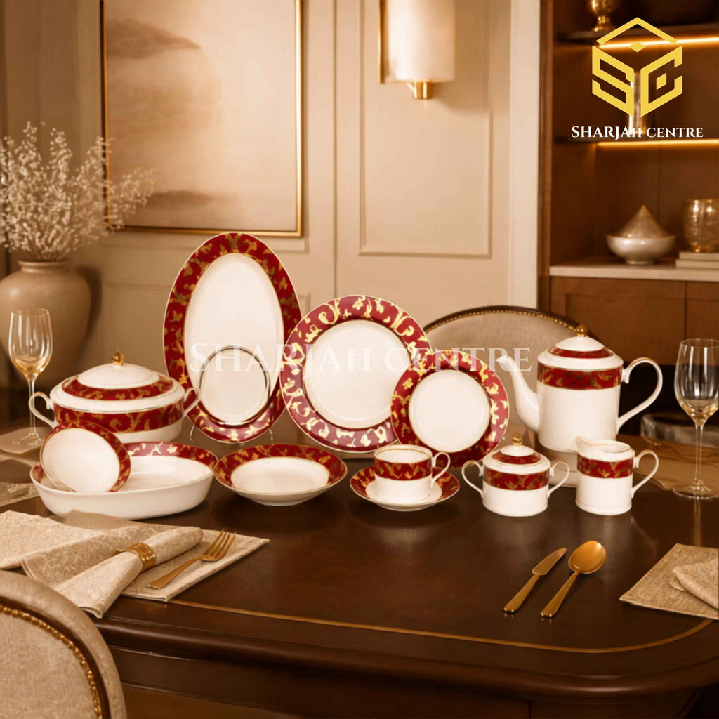 Noritake Japan QH Shape 61-piece bone china dinner set with red borders and ornate gold scrollwork for 8 persons