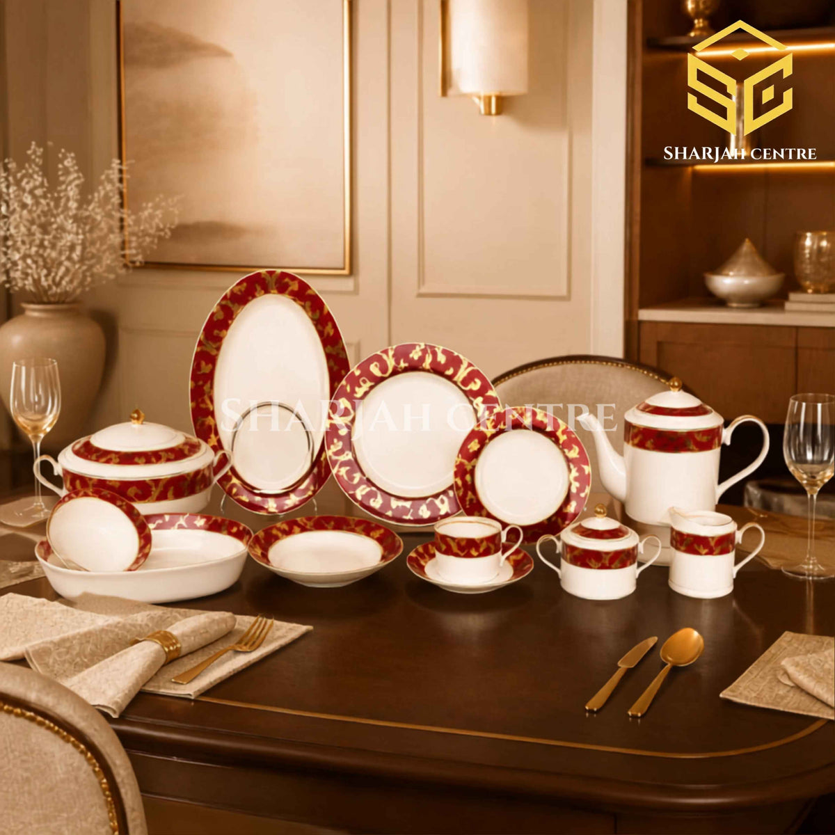 Noritake Japan QH Shape 61-piece bone china dinner set with red borders and ornate gold scrollwork for 8 persons