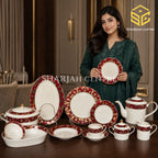 Noritake Japan QH Shape 61-piece bone china dinner set with red borders and ornate gold scrollwork for 8 persons model bg
