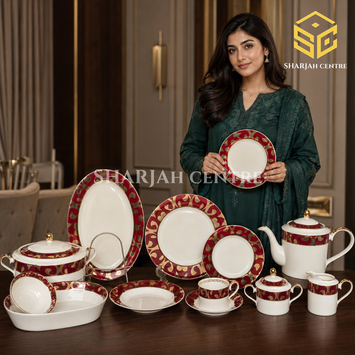 Noritake Japan QH Shape 61-piece bone china dinner set with red borders and ornate gold scrollwork for 8 persons model bg