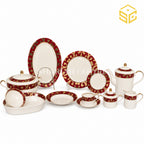 Noritake Japan QH Shape 61-piece bone china dinner set with red borders and ornate gold scrollwork for 8 persons white bg