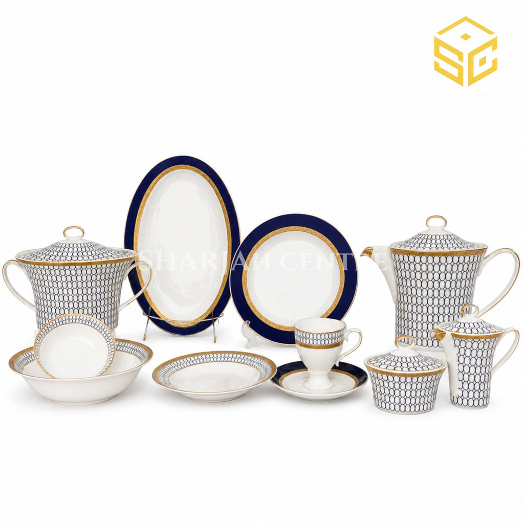 One More fine bone china dinner set with navy geometric pattern, cobalt borders and gold detailing for 12 persons
