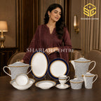 One More fine bone china dinner set with navy geometric pattern, cobalt borders and gold detailing for 12 persons model bg