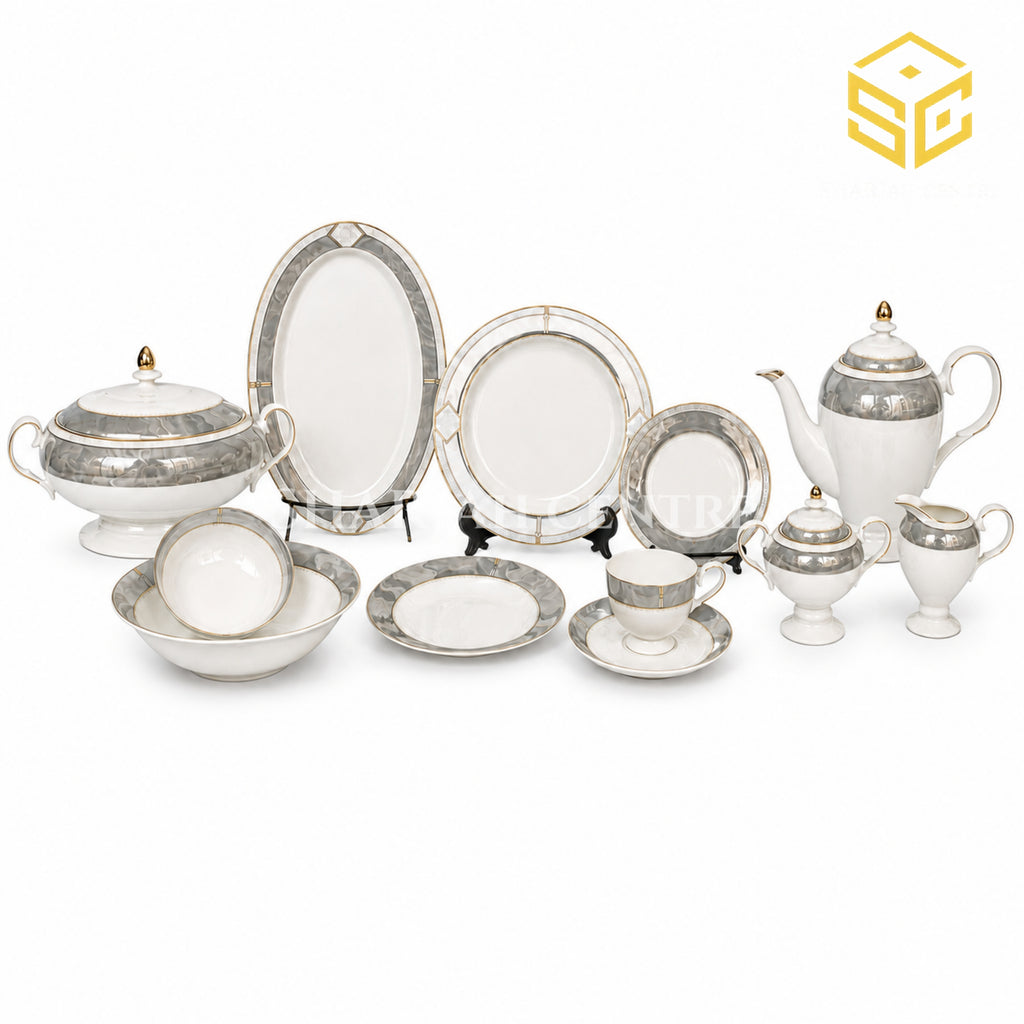 One More VICTO dinner set with ivory-white finish, pearl-grey geometric borders and gold accents for 12 persons white bg