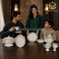 One More VICTO dinner set with ivory-white finish, pearl-grey geometric borders and gold accents for 12 persons main bg