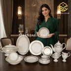 One More VICTO dinner set with ivory-white finish, pearl-grey geometric borders and gold accents for 12 persons model bg