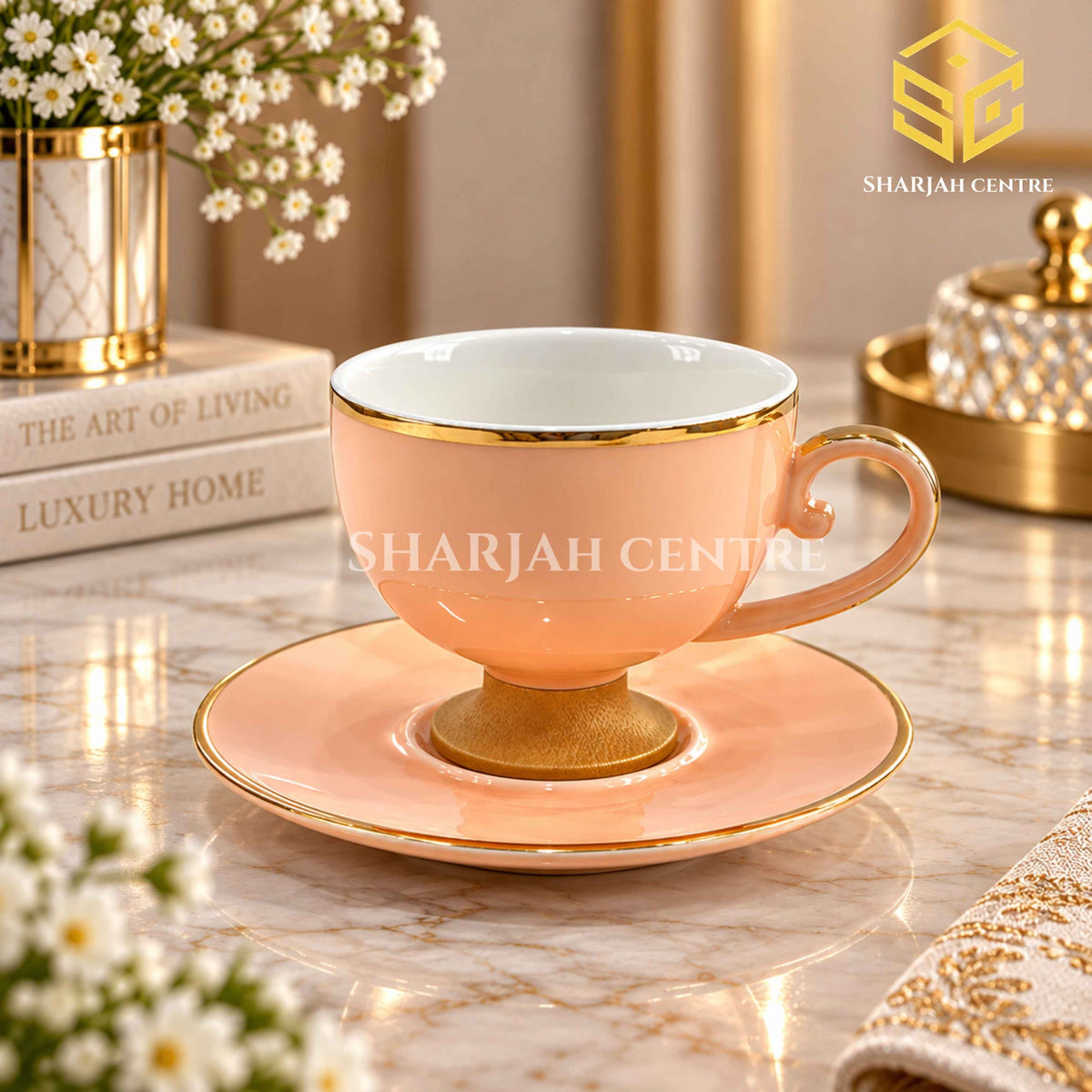 Peach cup and saucer, gold detailing, luxury table setting, wedding crockery, Sharjah Centre Multan