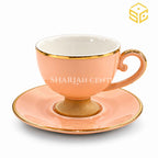 Peach cup and saucer, gold rim, gold pedestal base, elegant tea cup, Sharjah Centre Multan