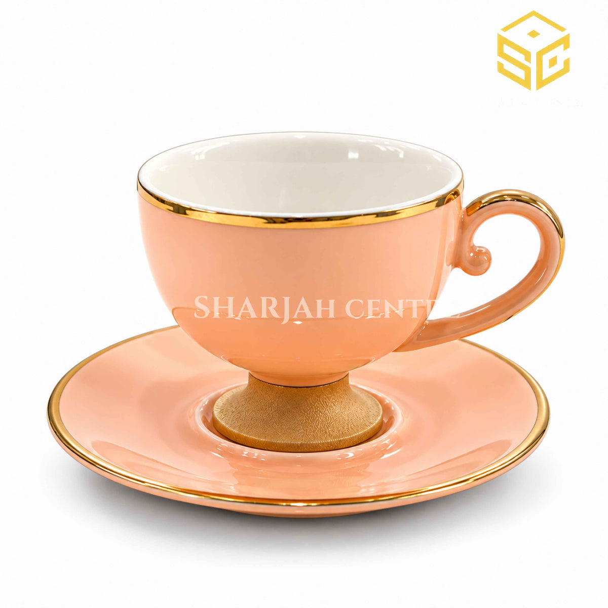 Peach cup and saucer, gold rim, gold pedestal base, elegant tea cup, Sharjah Centre Multan