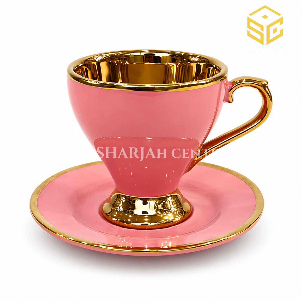Pink and gold premium cup and saucer set on white background – Sharjah Centre