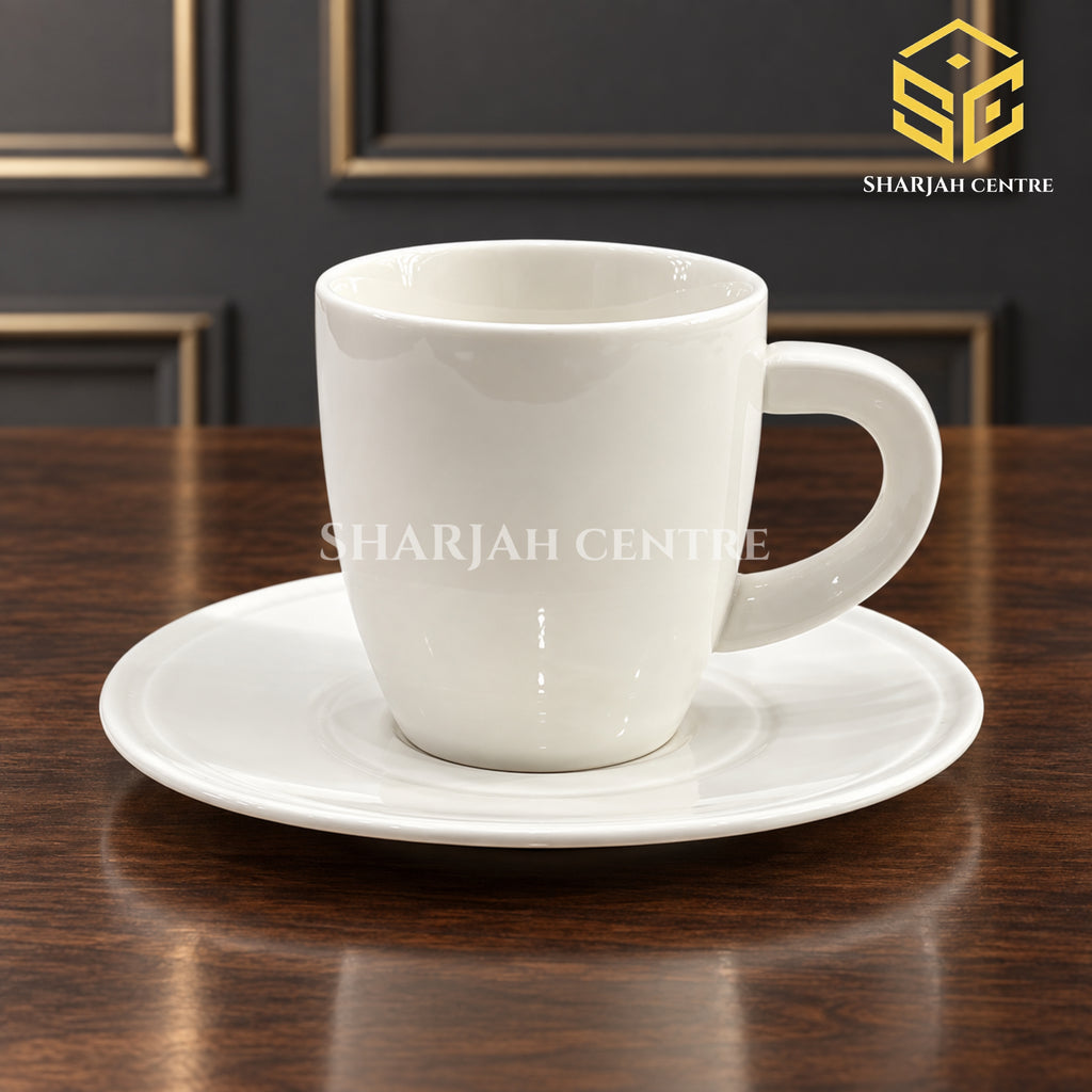 plain white cup and saucer, minimalist tea cup set, glossy ceramic crockery, luxury wooden table setting, Sharjah Centre Multan
