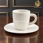 plain white cup and saucer, minimalist tea cup set, glossy ceramic crockery, luxury wooden table setting, Sharjah Centre Multan