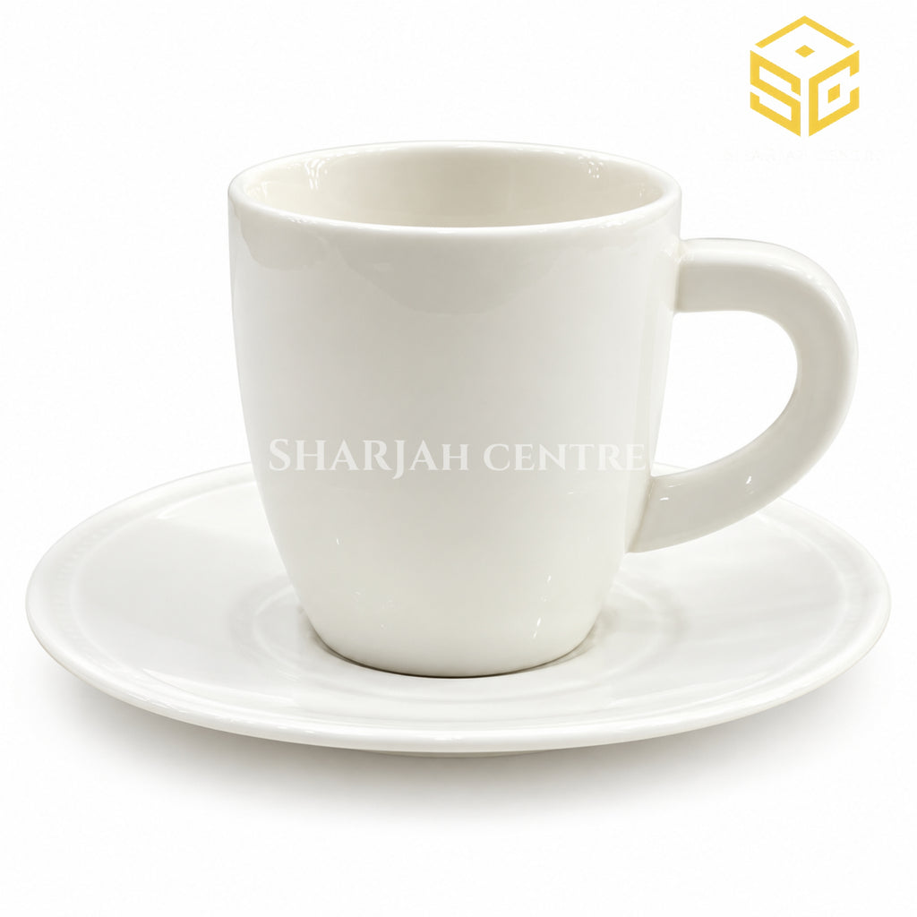plain white cup and saucer, ceramic tea cup set, minimalist white crockery, glossy finish cup, Sharjah Centre Multan