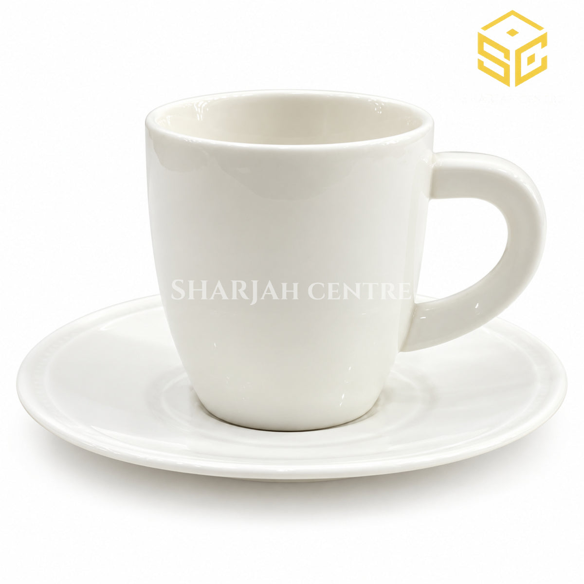 plain white cup and saucer, ceramic tea cup set, minimalist white crockery, glossy finish cup, Sharjah Centre Multan