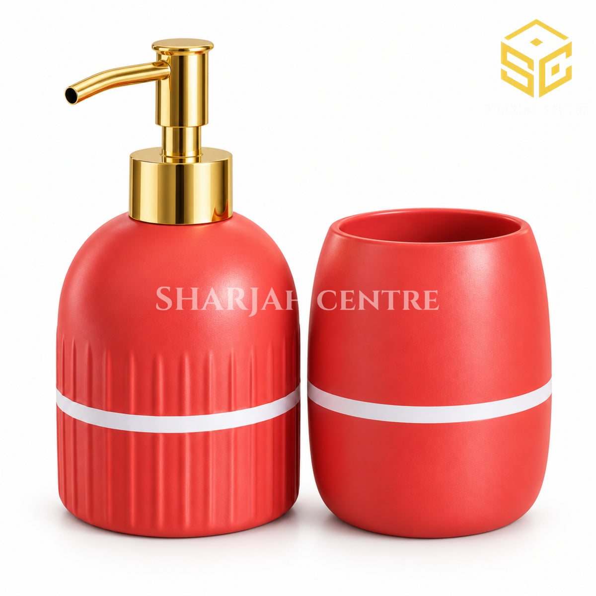 Luxury red and gold soap dispenser and bathroom tumbler set CZT-34 on marble counter