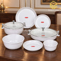 white melamine dinner set, Graceware Regal Chrome Edition, plates and bowls with two covered serving dishes, wooden table display