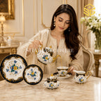 Royal Albart England 24-piece bone china tea set with 6 person serving, black border and blue-yellow floral design model bg