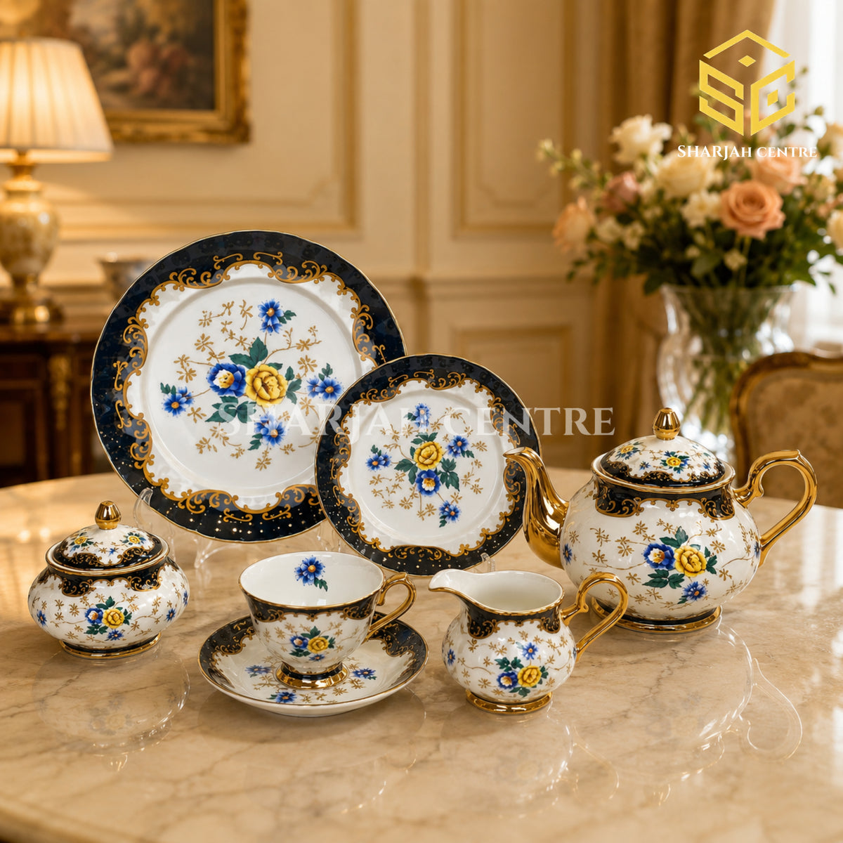 Royal Albart England 24-piece bone china tea set with 6 person serving, black border and blue-yellow floral design color bg