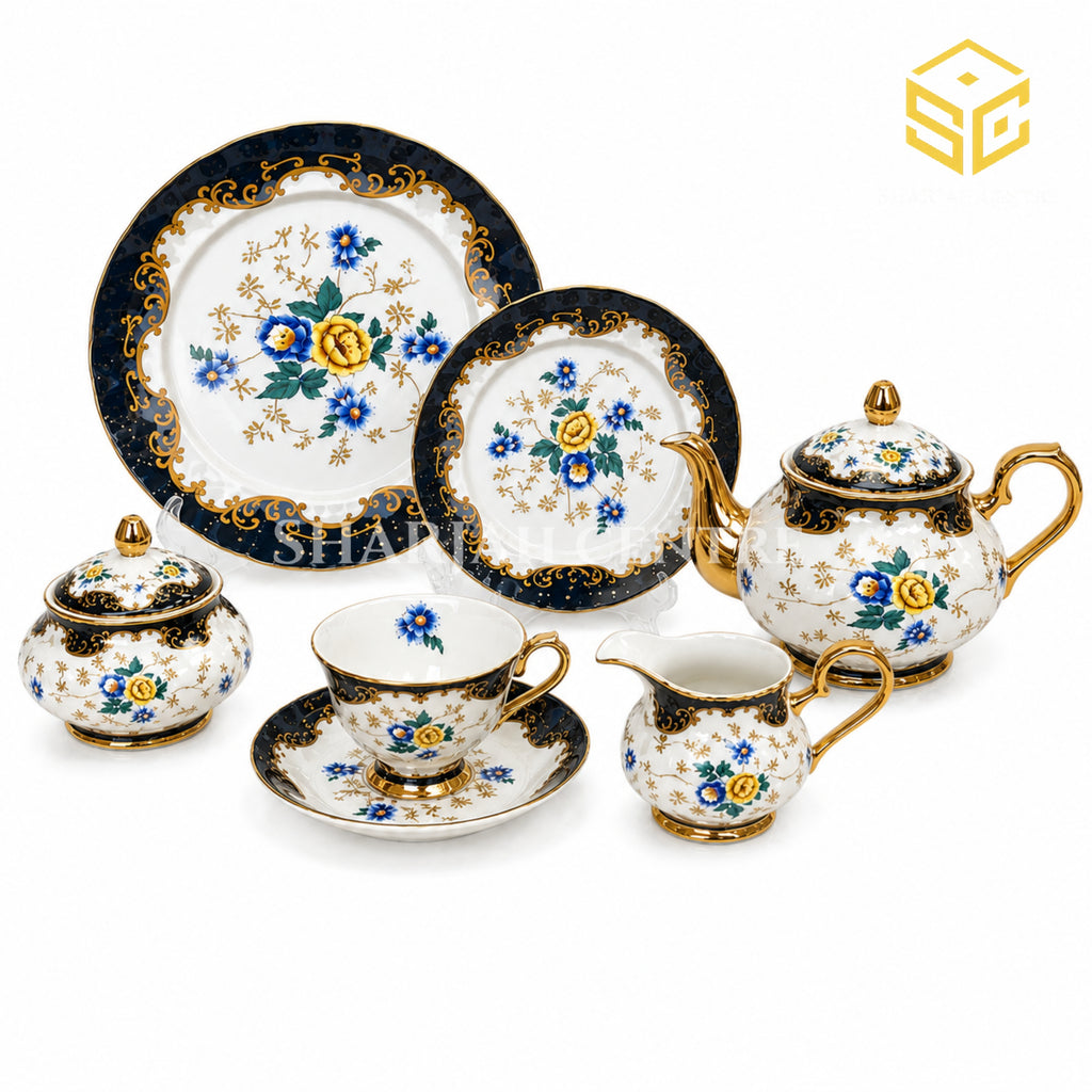 Royal Albart England 24-piece bone china tea set with 6 person serving, black border and blue-yellow floral design white bg