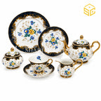 Royal Albart England 24-piece bone china tea set with 6 person serving, black border and blue-yellow floral design white bg