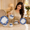 Royal Albart England 24-piece porcelain tea set with 6 person serving, blue rose pattern and gold-tone accents model bg