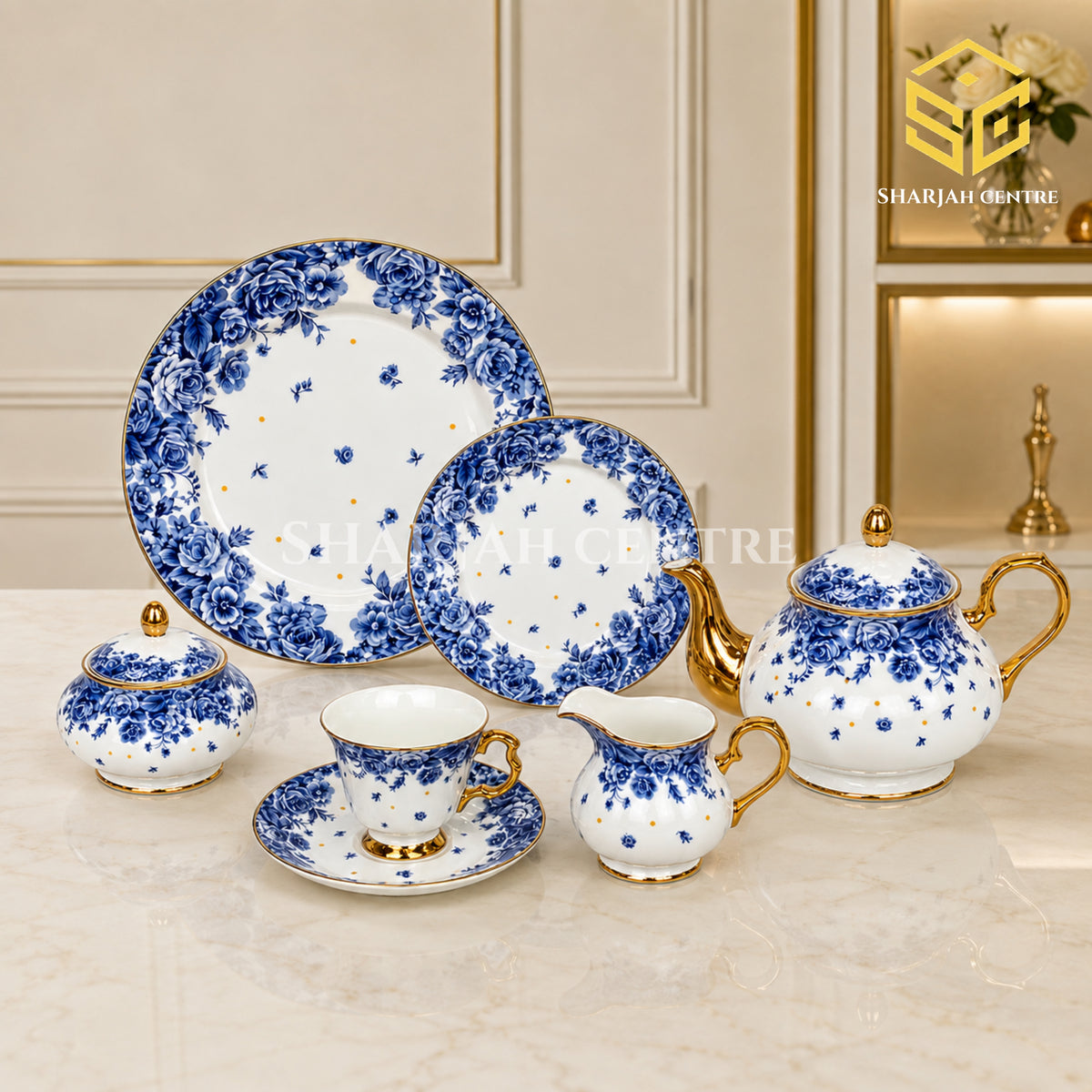 Royal Albart England 24-piece porcelain tea set with 6 person serving, blue rose pattern and gold-tone accents colord bg