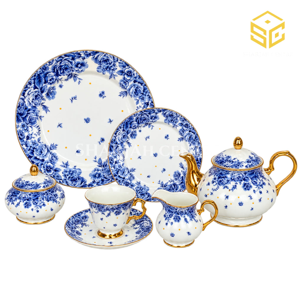 Royal Albart England 24-piece porcelain tea set with 6 person serving, blue rose pattern and gold-tone accents white bg