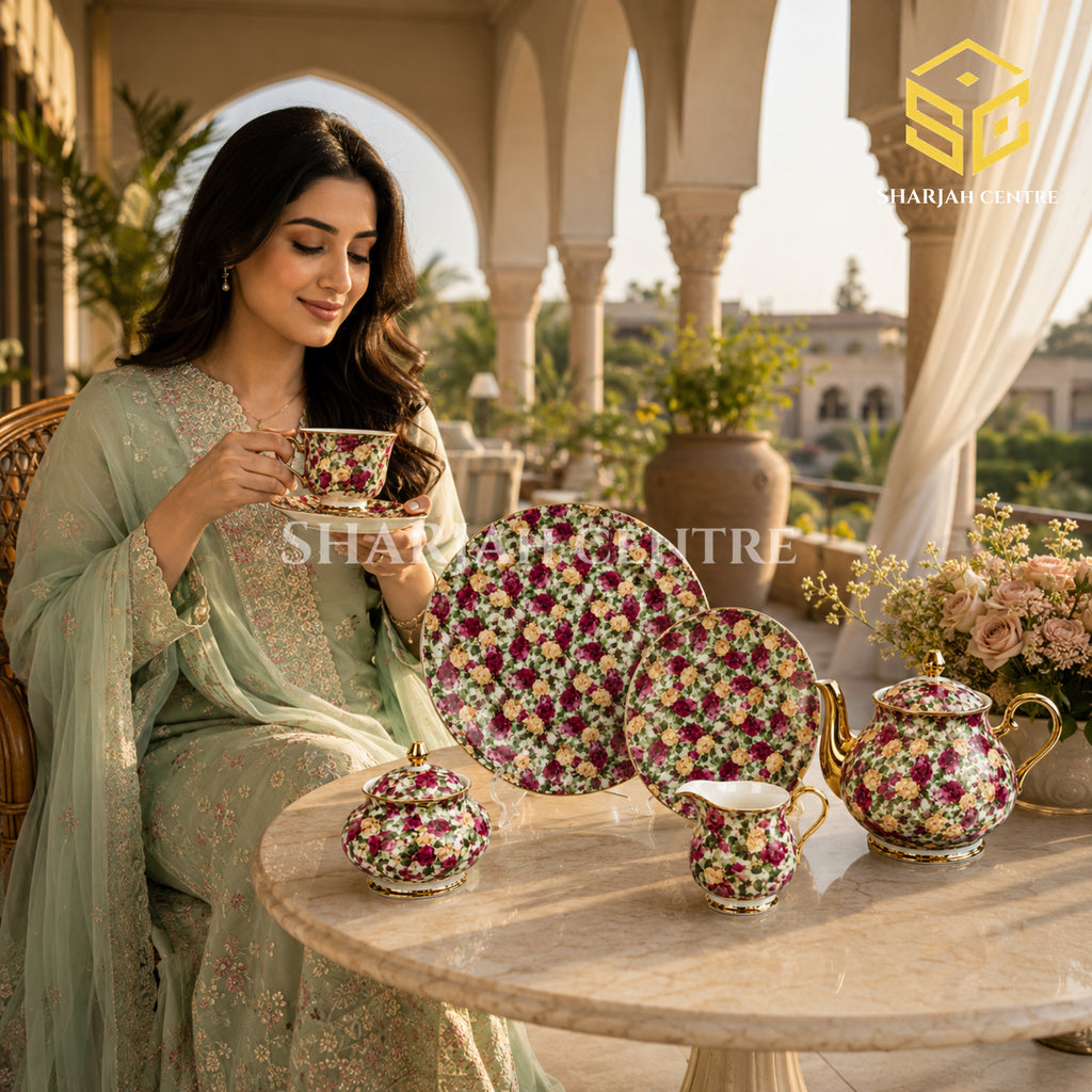 Royal Albart England 24-piece porcelain tea set with 6 person serving, burgundy and cream rose pattern and gold-tone accents model bg