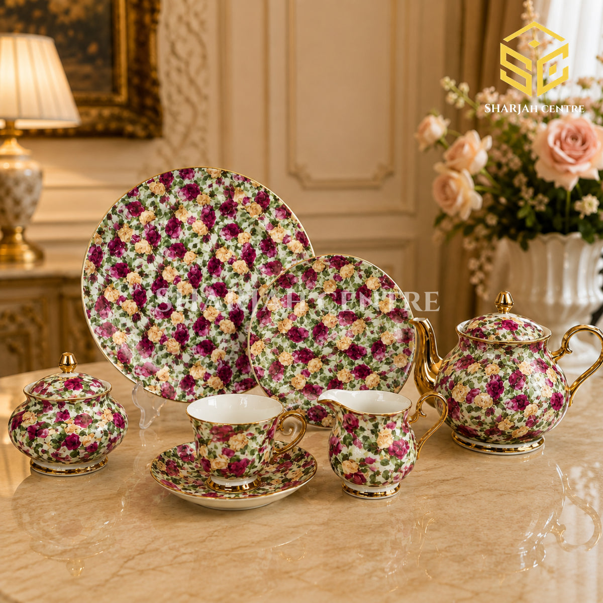 Royal Albart England 24-piece porcelain tea set with 6 person serving, burgundy and cream rose pattern and gold-tone accents colord bg