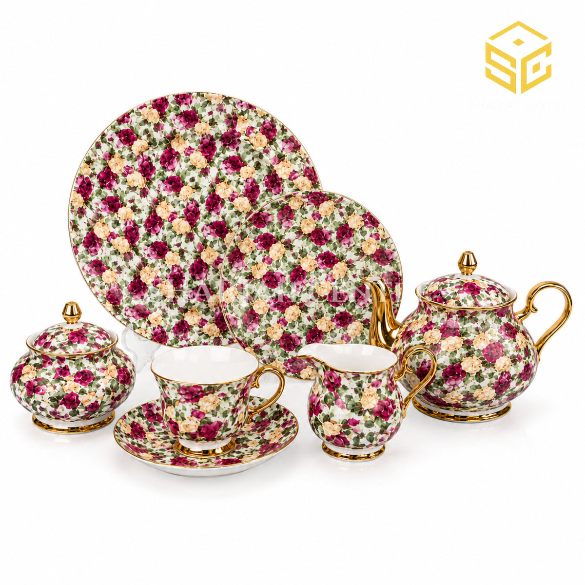 Royal Albart England 24-piece porcelain tea set with 6 person serving, burgundy and cream rose pattern and gold-tone accents white bg