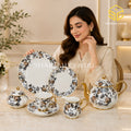 Royal Albart England 24-piece porcelain tea set with 6 person serving, grey floral design and gold-tone accents model bg