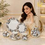 Royal Albart England 24-piece porcelain tea set with 6 person serving, grey floral design and gold-tone accents model bg