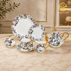 Royal Albart England 24-piece porcelain tea set with 6 person serving, grey floral design and gold-tone accents colord bg