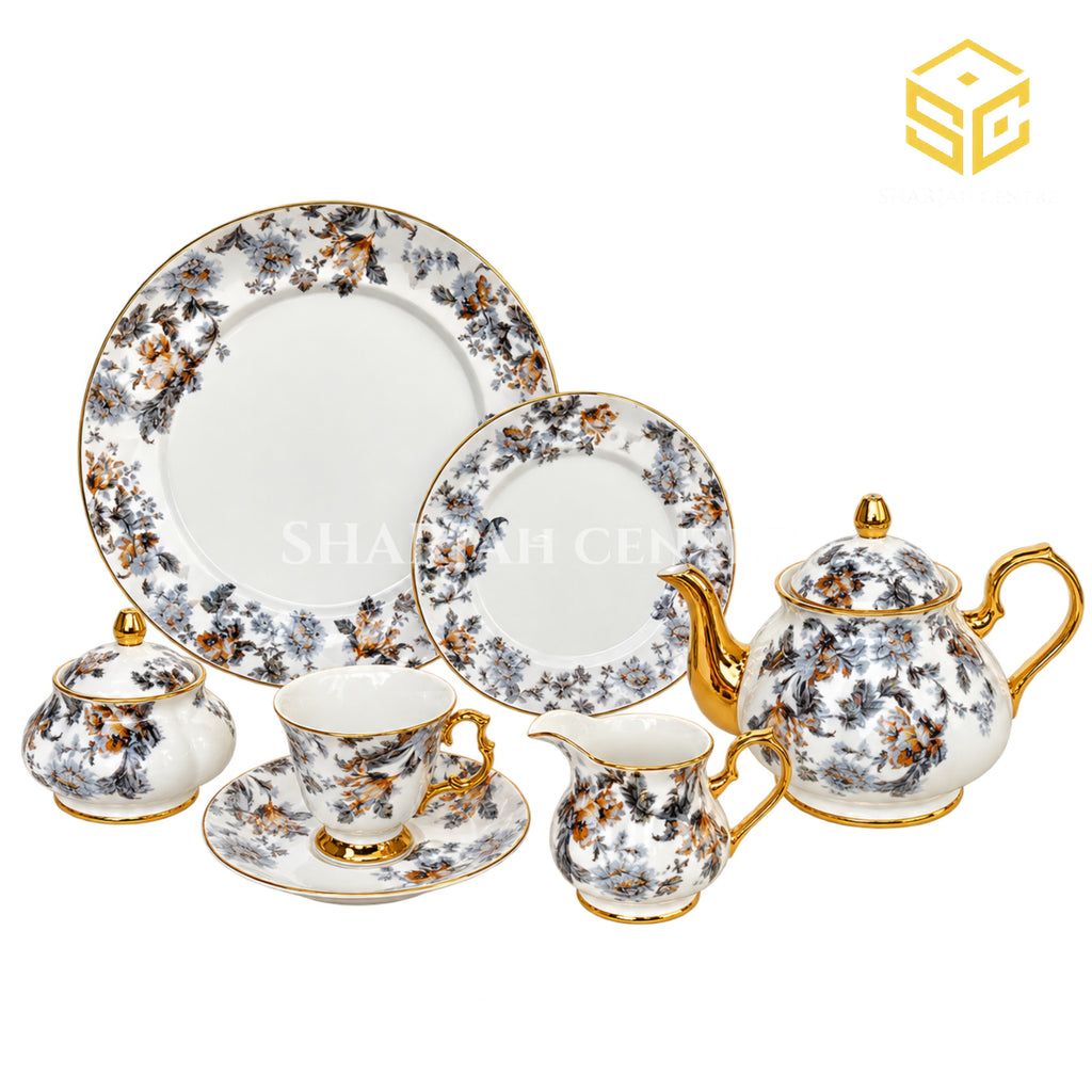 Royal Albart England 24-piece porcelain tea set with 6 person serving, grey floral design and gold-tone accents white bg