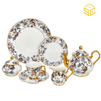 Royal Albart England 24-piece porcelain tea set with 6 person serving, grey floral design and gold-tone accents white bg