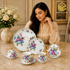 Royal Albart England 24-piece porcelain tea set with 6 person serving, multicolour flowers and gold-tone accents model bg