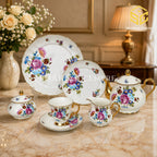 Royal Albart England 24-piece porcelain tea set with 6 person serving, multicolour flowers and gold-tone accents colord bg