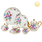Royal Albart England 24-piece porcelain tea set with 6 person serving, multicolour flowers and gold-tone accents white bg