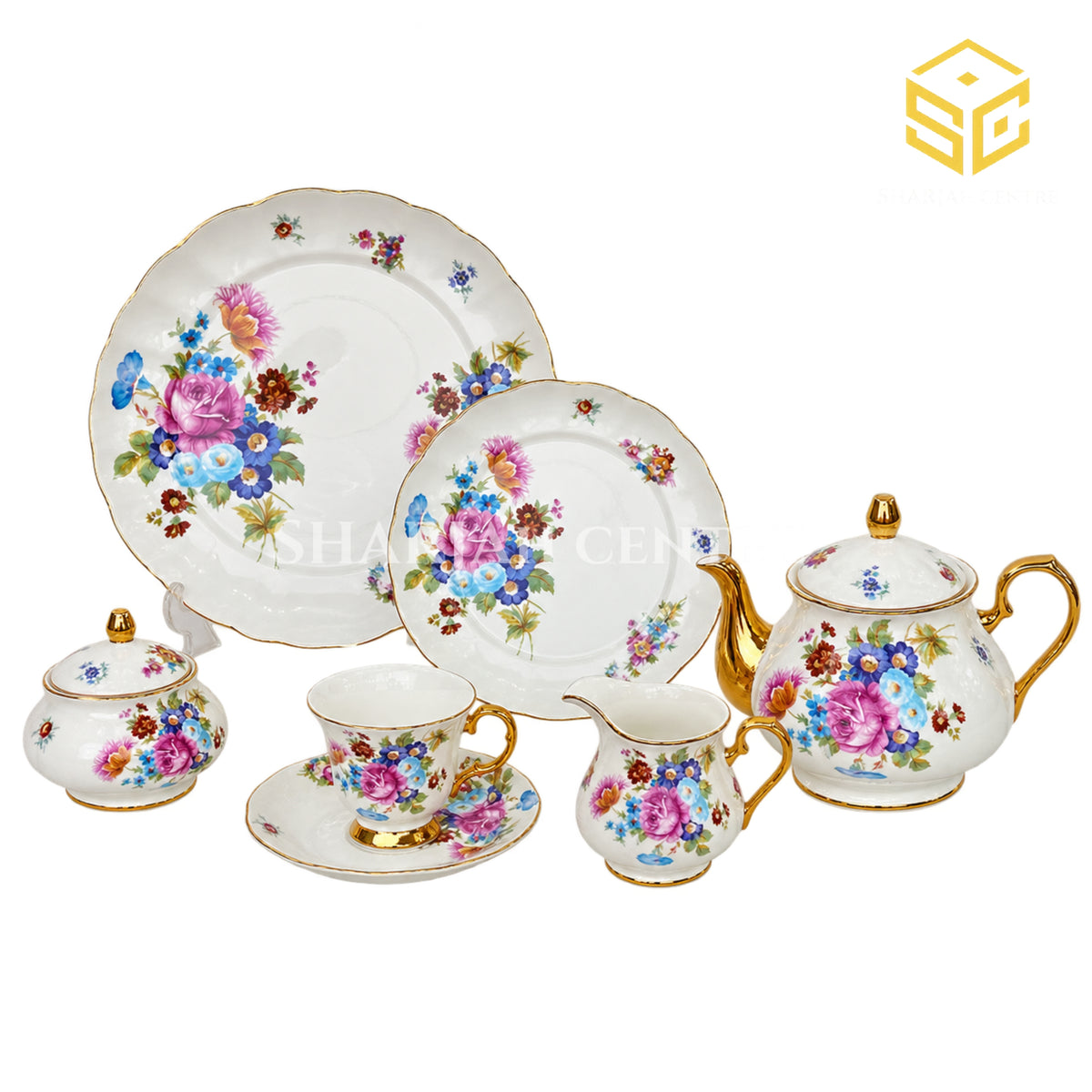 Royal Albart England 24-piece porcelain tea set with 6 person serving, multicolour flowers and gold-tone accents white bg