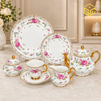 Royal Albart England 24-piece porcelain tea set with 6 person serving, pink rose pattern and gold-tone accents colord bg