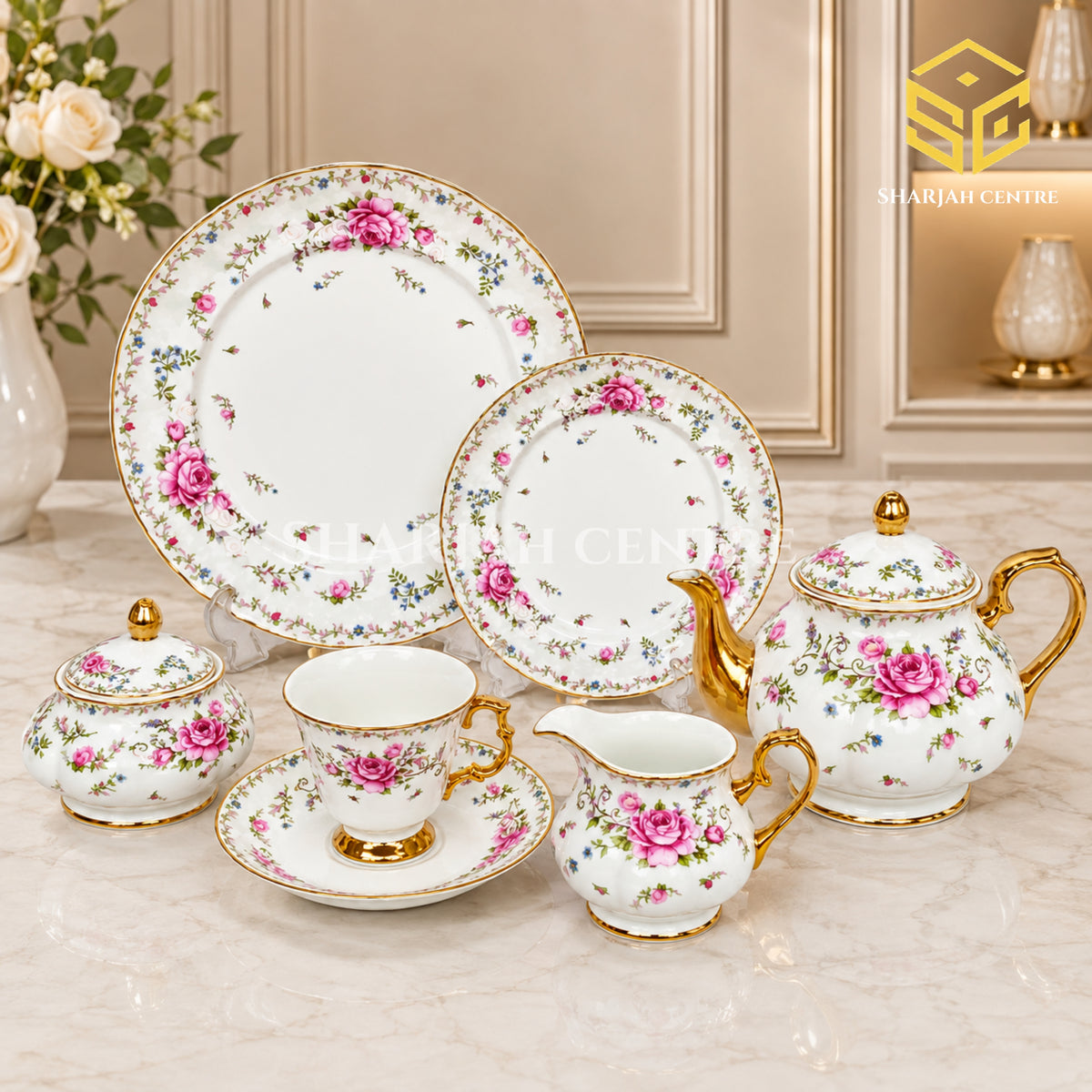Royal Albart England 24-piece porcelain tea set with 6 person serving, pink rose pattern and gold-tone accents colord bg