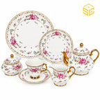Royal Albart England 24-piece porcelain tea set with 6 person serving, pink rose pattern and gold-tone accents white bg