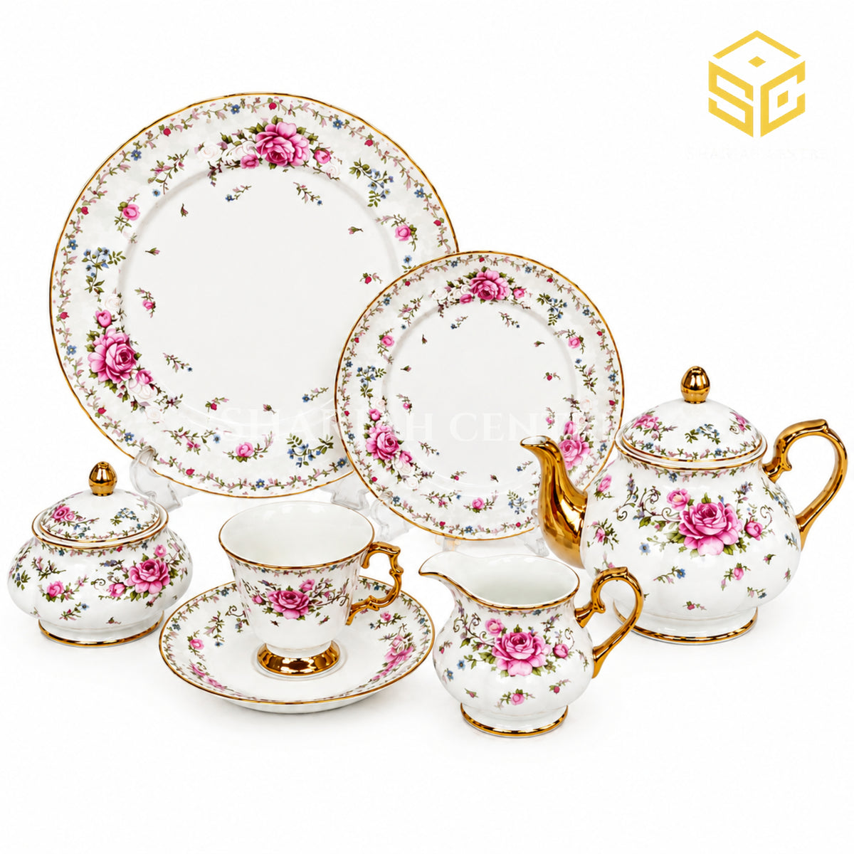 Royal Albart England 24-piece porcelain tea set with 6 person serving, pink rose pattern and gold-tone accents white bg