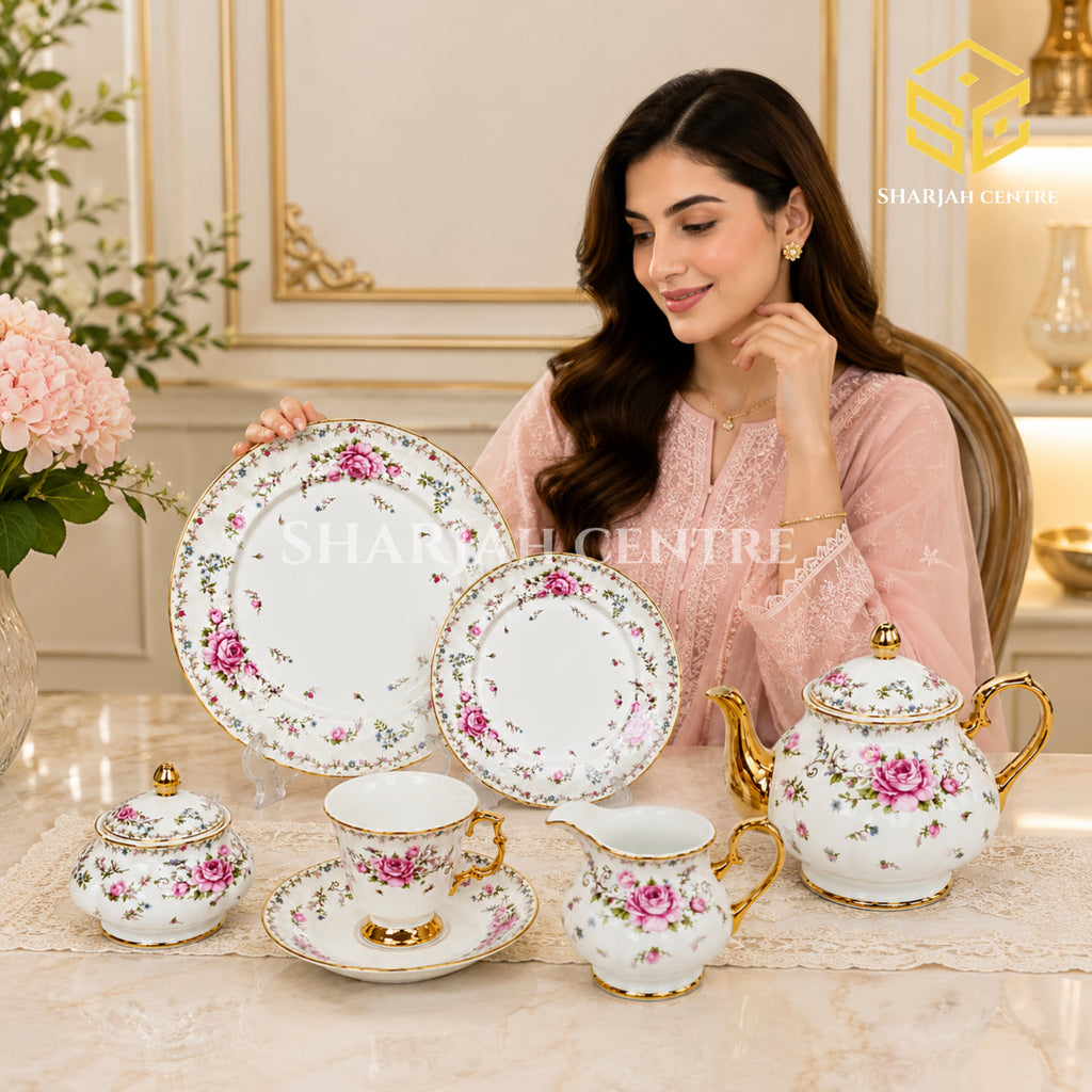 Royal Albart England 24-piece porcelain tea set with 6 person serving, pink rose pattern and gold-tone accents model bg