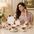 Royal Albart England 24-piece porcelain tea set with 6 person serving, purple and yellow roses and gold-tone accents model bg